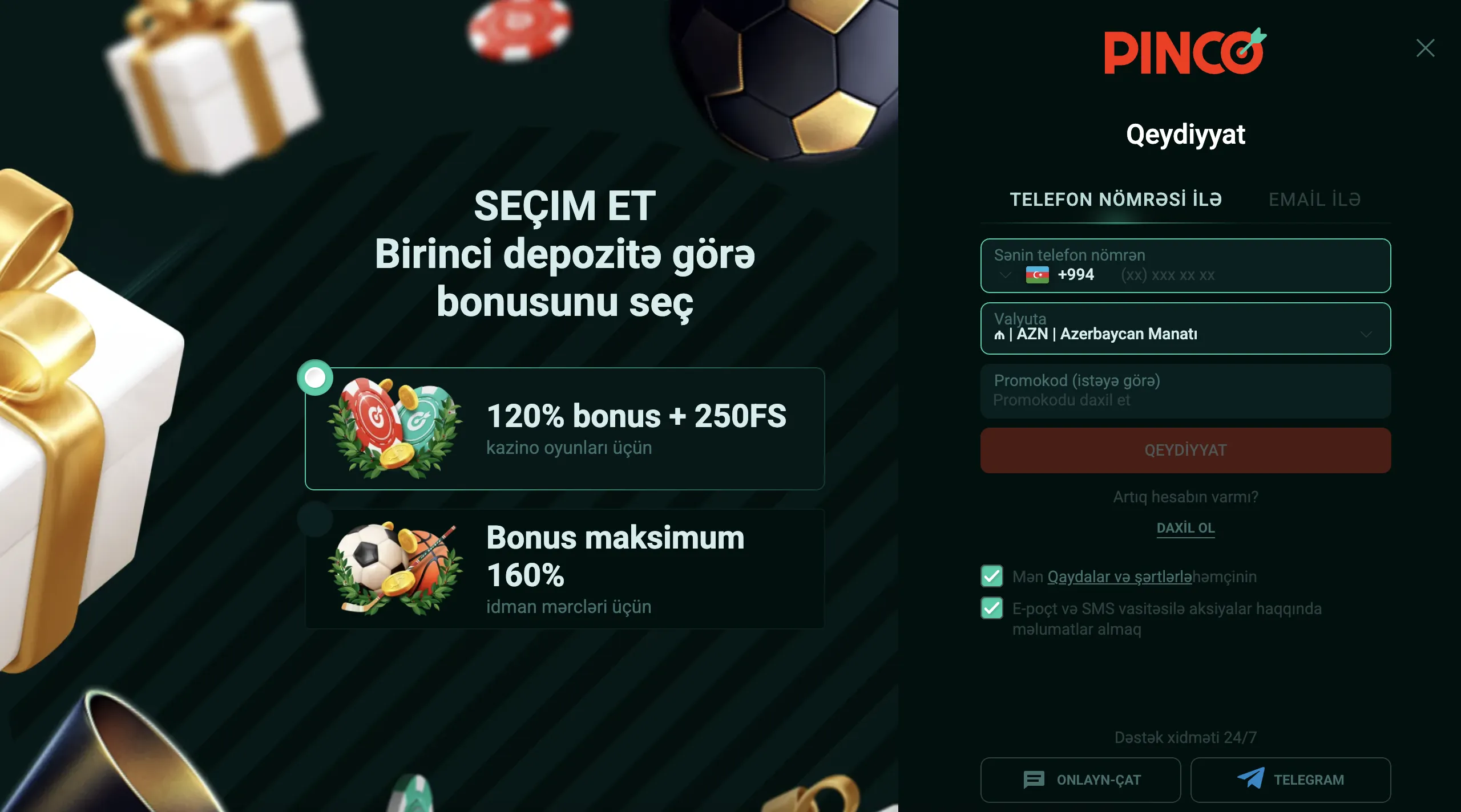 Addım-addım Pinco Casino hesabı açmaq